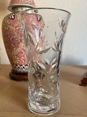 Buy Gorgeous Vintage Large Heavy Crystal Tabletop Vase With Cut Leaf Design, 1970s • 22.99£