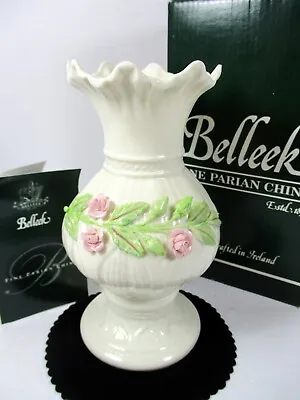 Buy Belleek Ribbon Spill Vase Pink Roses Leaves Ireland 9th Mark NEW In Box • 45.26£