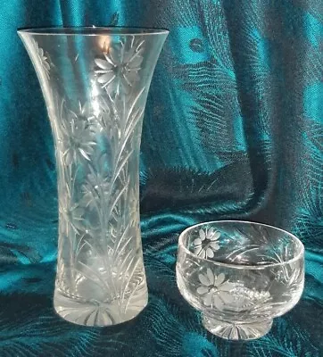 Buy Beautiful Cut Glass Crystal 20cm Vase And Small Bowl, Elegant Daisy Flower • 10£