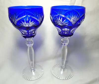 Buy Pair Of Val St Lambert Style / Unsigned Cobalt Blue Hock Wine Glasses Cut Stems • 85£