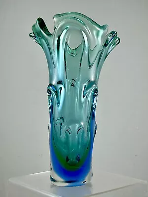 Buy Karlovarske (Msistov / Moser) Czech Art Glass Vase - 32 Cm Tall - Green/blue • 65£