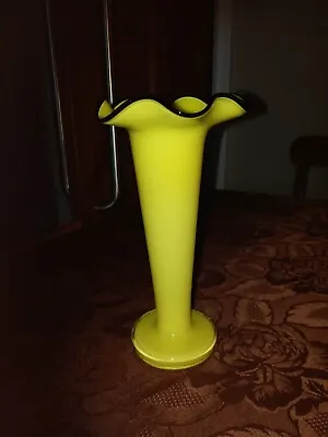 Buy TALL Vintage CZECH BOHEMIAN Yellow & Black TANGO GLASS VASE 21cm • 14.99£