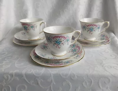Buy 3 X Vintage Queen Anne Bone China Trio Tea Cup Saucer Plate Pink Fan Blue Flower • 15£