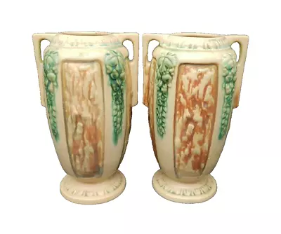 Buy 2 VTG Roseville Florentine Vase 8.5  American Art Pottery Ivory Double Handle    • 151.19£