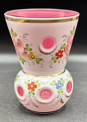 Buy Vintage Czech Bohemian Cased White Glass Cut To Cranberry Vase 4” Painted Floral • 28.89£