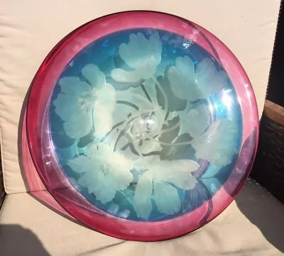 Buy LOVELY CRANBERRY & BLUE FLORAL ETCHED VERY LARGE GLASS CHARGER 16 1/4” Diameter • 32£