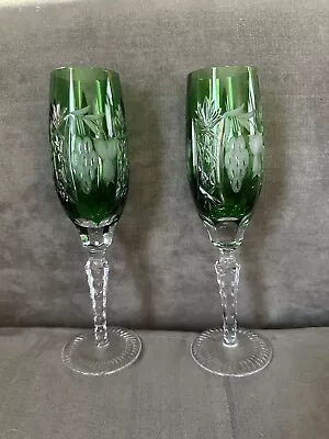 Buy Ajka Marsala Cut 2 Clear Champagne Flute 9  Set 2 Vintage Bohemian Emerald Green • 94.83£
