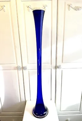 Buy Vintage Mid Century Handblown Extra Tall Cobalt Blue Glass Trumpet Vase 100 Cm • 100£