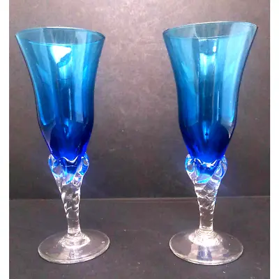 Buy Vintage Hand Blown 1950's Empoli Blue With Twisted Stemmed Champagne Flutes • 28.46£