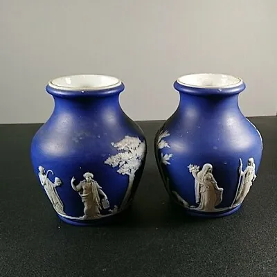 Buy Antique Wedgwood Jasperware Blue Vase Pair English Victorian Set Of 2 12cm Tall • 144.34£