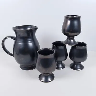 Buy Prinknash Pottery Jug Pitcher And 4 Goblet Cups Gun Metal Grey Black Vintage • 33.32£