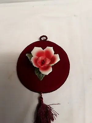 Buy Vintage CAPODIMONTE Italy /Porcelain Red/White Rose Ornament On Velvet Hanger • 2.25£