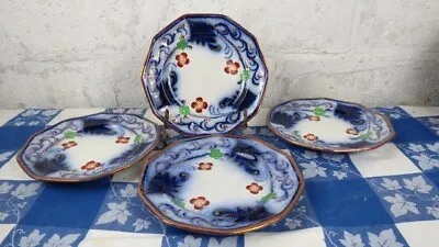 Buy 4 Antique Gaudy Welsh Blue Flow Pearl White Copper LusterWare Plates IronStone • 191.81£