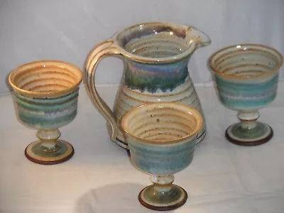 Buy Vintage Decorative Studio Art Earthenware? Pottery Jug 14cms & 3 X Goblets 11cms • 14.99£