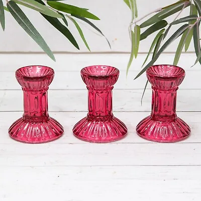 Buy 3 X Vintage Pink Cut Glass Dinner Candle Retro Candlestick Holders Patterned Set • 12.45£