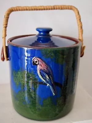 Buy Torquay Pottery Vintage Parrot In Relief Deep Blue Biscuit Barrel Rattan Handle • 15£