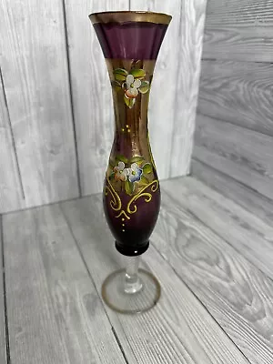 Buy Bohemian Glass Footed Bud Vase Purple Glass Gilded Hand Painted Some Wear • 14.99£