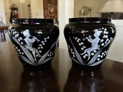 Buy Rare Pair Of MARY GREGORY Victorian Trumpeter Black Amethyst Glass Vases 5.75” • 336.17£