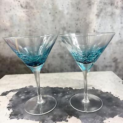 Buy Pier One Teal Blue Crackle Martini Glass Drinking Glasses Clear Top Set Of 2 • 45.32£