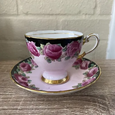 Buy Tuscan Rose Tea Cup & Saucer Fine Bone China Pink Roses Black Gold (read Descri) • 10£