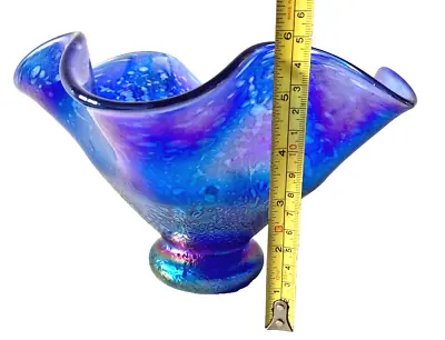 Buy Heron Glass Handkerchief  Iridescent Blue Bowl Vase Handblown  Centrepiece • 21.99£