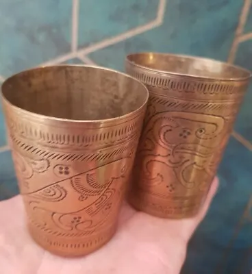 Buy ANTIQUE A PAIR OF SOLID BRASS CUP / SHOT GLASS ANIMAL ETCHED Candle Holders • 12.50£