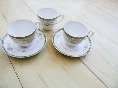 Buy 2 Noritake Tea Cups And Saucers With One Spare Cup Bone Chine Green/white • 5.99£