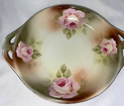 Buy Antique Porcelain Serving Bowl Pink Yellow Roses Gold Trim 9 7/8” With Handles • 27.50£