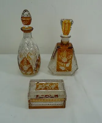 Buy Vintage Cut Glass Amber Brown Decanters With Stopper And Trinket Box • 20£