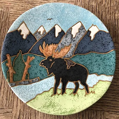 Buy Teton Mountains & Moose 8  Ceramic Art Plate 22K Gold Inlay Artist Linda Hammer • 15.17£