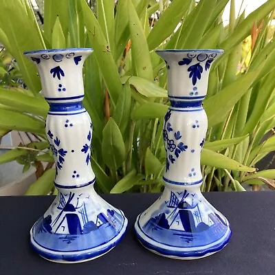 Buy 2 Vintage Delft Blue Floral Windmill Candlestick Candle Holders 7  * XLNT! • 15.12£