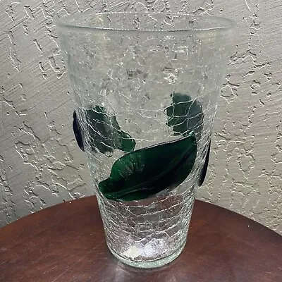 Buy Vintage 12 1/2”Tall Blenko Crackle Glass Clear Vase W/ Applied Green Leaves MCM • 42.89£