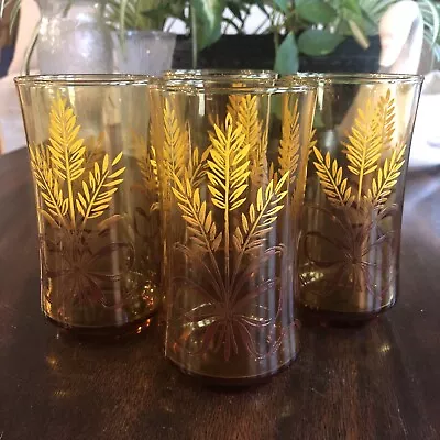 Buy Vintage Libbey Amber Golden Wheat Ribbon Drinking Glass Tumblers 1970's Set Of 4 • 24.60£