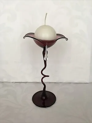 Buy Glass Twisted Stem Candlestick Candle Holder, Burgundy With Round Candle Vgc • 10.99£