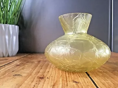 Buy Art Nouveau Bohemian Kralik Citron Yellow Crackle Glass Veined Squat Vase Bowl • 105£