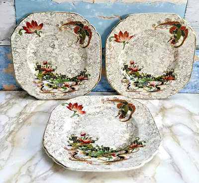 Buy T.F. & S. Ltd Phoenix Ware X 3 Square Cake Plates, Gilding 15 Cm Art Nouveau • 10£