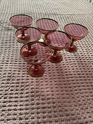 Buy Set Of 6 Vintage Cranberry Glass Small Cocktail Glasses/Champagne Coupes, Gilded • 35£