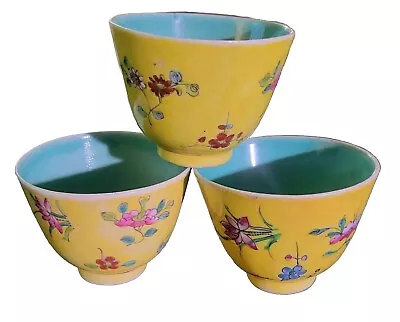 Buy Antique Chinese Export Famille Jaune Tea Cups, Circa Early 1900's, Set Of 3 • 188.50£