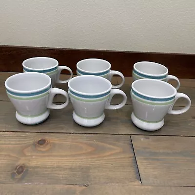 Buy Vtg Royal Norfolk Stoneware Footed Mugs Set Of 6 White Striped Green/Blue • 57.62£
