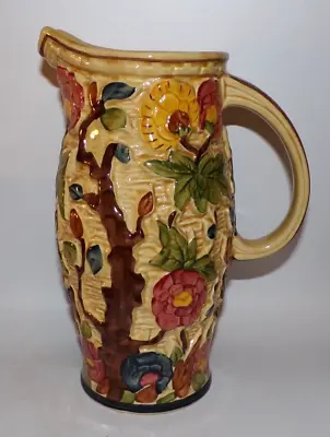 Buy Large Art Deco H J Wood Indian Tree Relief Moulded & Hand Painted Jug Vase 9.5  • 15£