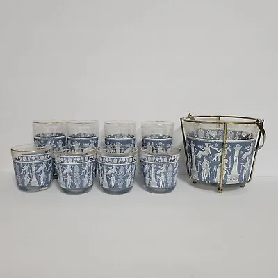 Buy Jeanette Wedgewood Hellenic Blue White Jasperware Glasses Set With Ice Bucket • 48.19£