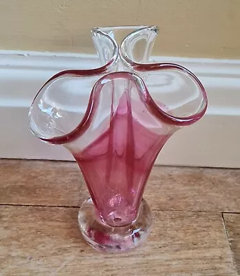 Buy Vintage 1960's Italian Artisan Cranberry & Clear Glass Vase With Ruffled Edges • 9.99£