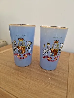 Buy 2 X Queen Elizabeth II Coronation Commemorative Blue Frosted Glass Tumbler 1953  • 15£