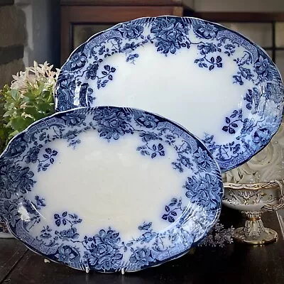 Buy Transferware Platters Meat Plates Large X2 Flow Blue & White Staffordshire @1900 • 65.99£
