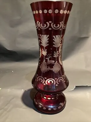 Buy Czech 8.5  Bohemian Glass Biedermeier Vase Ruby Red Wheel Etched Decoration. • 28£