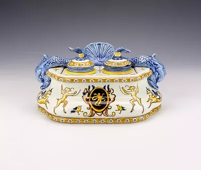 Buy Antique French Faience Pottery - Mythical Creatures, Fish & Shell Design Inkwell • 29.99£