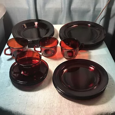 Buy Vintage Arcorac Glassware Ruby Red Dinner Set For 4 Bowl Plates Salad Tea Cups • 118.58£