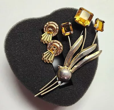 Buy 1940’s Amber Colored Glass Pin & Earring Set (Sterling) • 7.89£