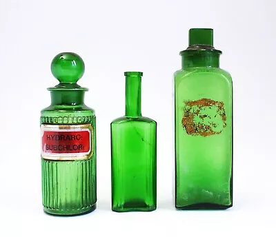 Buy Three Antique Apothecary Green Glass Bottles • 85£