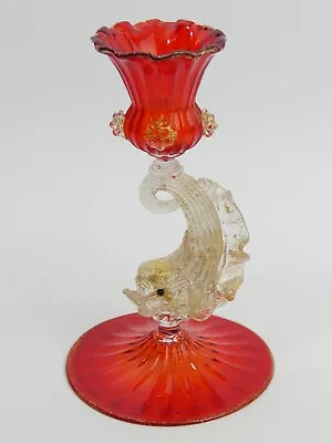 Buy Vintage Murano Fire Red &aventurine Art Glass Dolphin Candlestick • 96£
